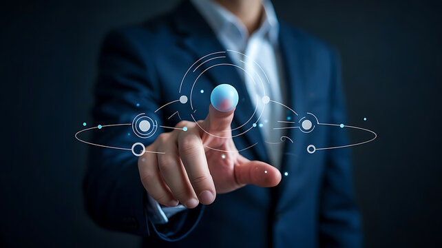 A businessman in a suit interacts with a digital network interface symbolizing innovation and the future of connectivity - Powered by Adobe