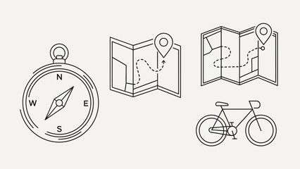 Line art icons depicting navigation tools like a compass and maps, along with a bicycle, suggesting travel and outdoor exploration.