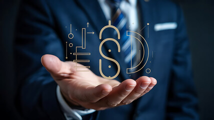 A businessman presenting a glowing dollar sign constructed from digital lines symbolizing financial technology and innovation