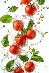 floating cherry tomatoes with basil leaves and olive oil splash, isolated on white background