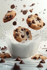 floating chocolate chip cookies with crumbs and milk splash, isolated on white background