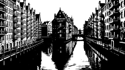 Fototapeta premium Very beautiful view of Nikolaifleet in Speicherstadt, Hamburg, Germany, featuring historic warehouses, calm canals, and reflections that highlight the city’s maritime heritage and industrial beauty.
