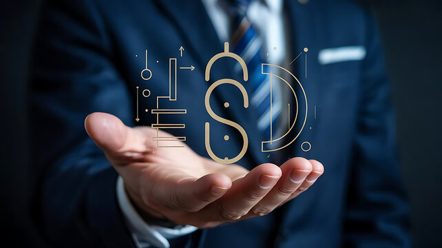 A businessman presenting a glowing dollar sign constructed from digital lines symbolizing financial technology and innovation - Powered by Adobe