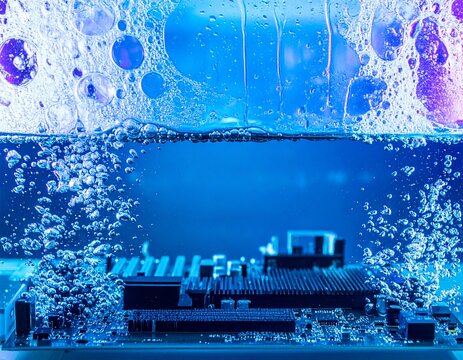 Circuit Board Immersed in Water: An intriguing visual of a circuit board submerged in water, surrounded by bubbles and a textured fluid.