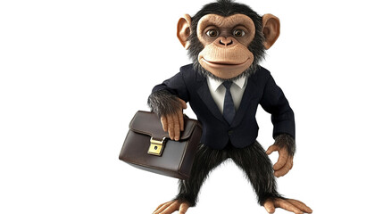 The Savvy Chimpanzee: A chimpanzee confidently strides forward, clad in a professional business suit, carrying a briefcase, symbolizing a clever and determined approach to career and finance