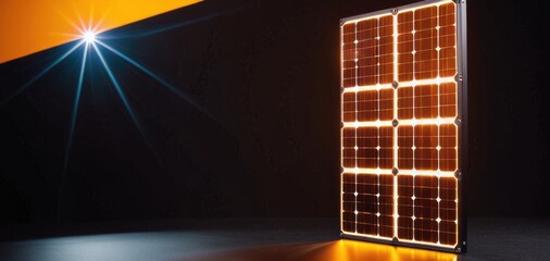 solar panel glowing with light on dark background, copyspace, energy concept of renewable, technology, innovation