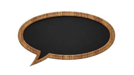 Ornate wooden speech bubble frame with dark center on black background talk conversation