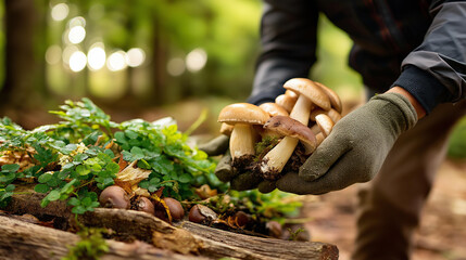 Collection of mushrooms on forest floor, faceless hand nearby, nature fungi foraging harvesting, wild mushroom collection concept, outdoor wellness activity, natural food gathering, with