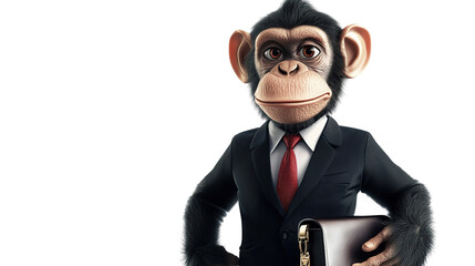 Chimpanzee in Business Attire: A chimpanzee confidently dons a suit, carrying a briefcase, a playful depiction of professionalism in the business world.