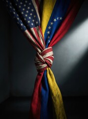 Tension between Venezuela and USA reflected in flags entwined together