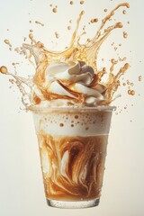 floating iced latte with milk swirl splash, isolated on white background