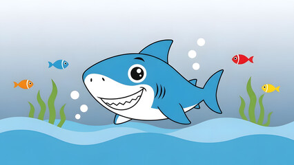 Obraz premium Smiling cartoon shark swimming with colorful fish in ocean scene