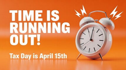 A white alarm clock ringing on a bright orange surface with the urgent message TIME IS RUNNING OUT