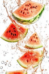 floating watermelon slices with juice splash, isolated on white background