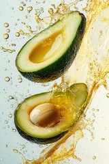 flying avocado halves with seed and oil splash, isolated on white background