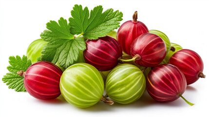 Fresh ripe gooseberries in red green varieties, isolated white background, natural organic fruit showcase, distinctive striped pattern, healthy food concept, berry nutrition visualization,