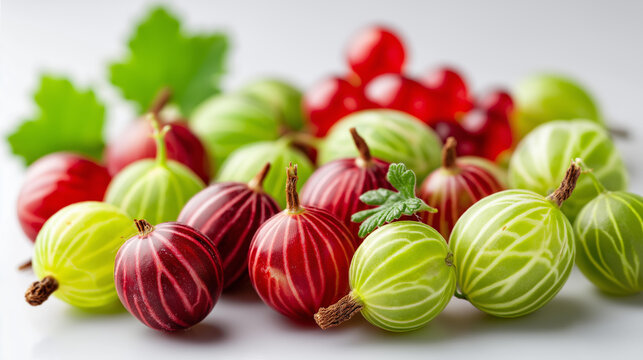 Fresh ripe gooseberries in red green varieties, isolated white background, natural organic fruit showcase, distinctive striped pattern, healthy food concept, berry nutrition visualization, - Powered by Adobe