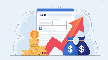An illustration showing a tax document, money bags, stacked coins, and an upward trending arrow