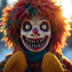 Creepy clown doll with wide eyes and sharp teeth