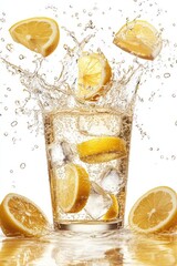 flying energy drink splash with ice cubes and lemon slices, isolated on white background