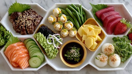 Exquisite Culinary Creation: A meticulously arranged platter of colorful sushi and delectable accompaniments, showcasing fresh ingredients and expert craftsmanship.