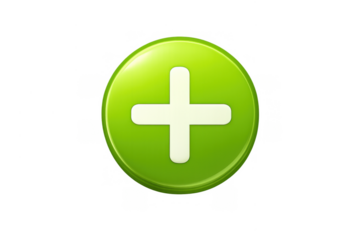 Green plus sign button icon for adding, increasing, or positivity on a transparent background