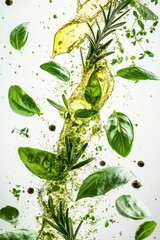 flying fresh herbs with olive oil splash, rosemary, oregano, basil, isolated on white background