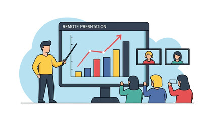 A man presents data on a large screen to an audience, including remote participants, illustrating a business meeting or online conference.