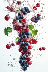 flying grapes and wine splash in mid-air, isolated on white background