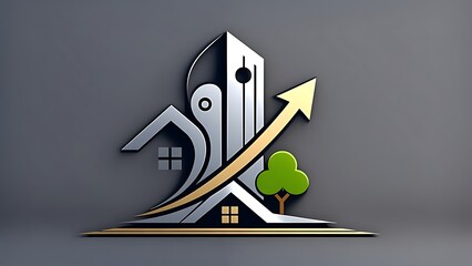 Stylized real estate growth logo with houses, arrow, and tree
