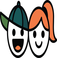 Friendly cartoon faces of a man and woman smiling