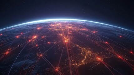 Futuristic global network connection with glowing lines connecting cities on Earth