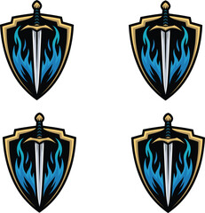 Flaming shield icons with swords bold protection symbols