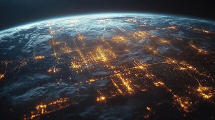 Futuristic global network connection with glowing lines connecting cities on Earth