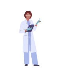 Scientist woman in lab coat holding test tube with liquid conducting medical or chemical research or analysis