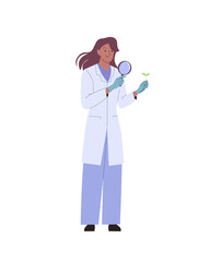Scientist woman in lab coat holding magnifying glass and examines plant leaf sample conducting biological or chemical research or analysis