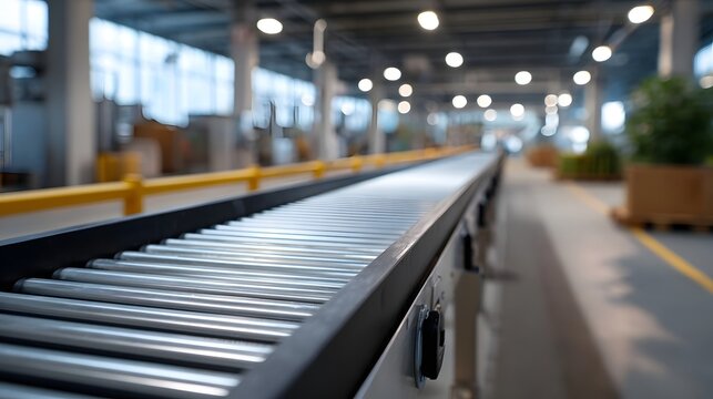 A long industrial roller conveyor belt system in a modern factory interior