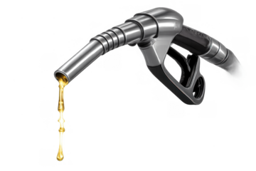 Gas nozzle dripping golden fuel, illustrating energy, fuel consumption, and the rising cost of petrol on a transparent background