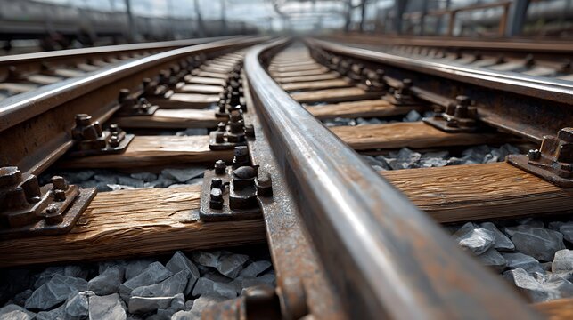 Close-up of railway tracks curving in a blurred perspective on a bright day