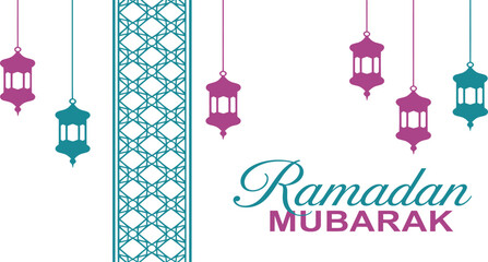 Ramadan mubarak greeting with colorful lanterns and Islamic pattern