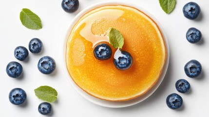 Top view breakfast pancakes with honey butter and blueberries on white background