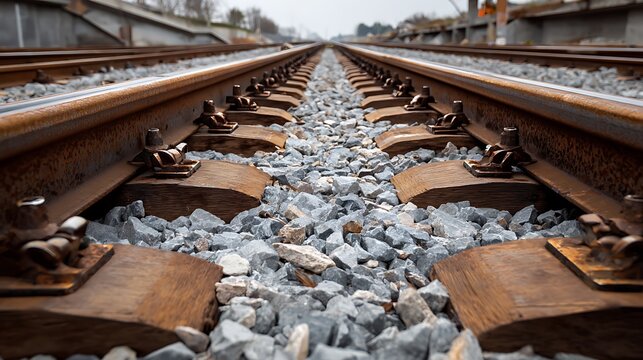 Low angle shot of parallel railway tracks vanishing into the distance, leading the eye