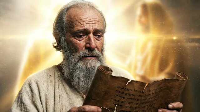 Old man looking up to heaven while holding ancient scripture and feeling strong emotion with ethereal jesus light