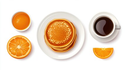 Top view breakfast set with pancakes orange juice and coffee cup on white background