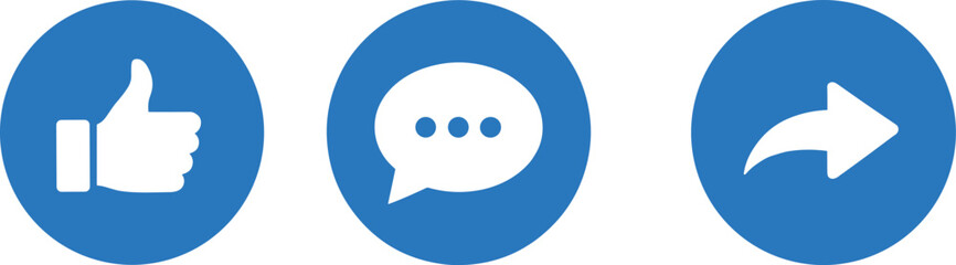 Social media action icon vector set featuring like comment and share buttons in modern blue circular style