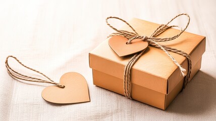 Brown gift box wrapped with twine and heartshaped tags perfect for romantic occasions or special gifts