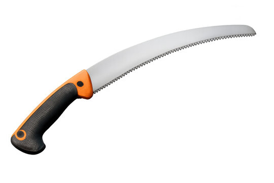 Pruning hand saw with a curved serrated blade and ergonomic orange and black handle isolated on transparent background