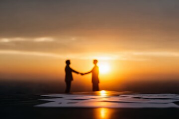 Two men are shaking hands in front of a beautiful sunset. The scene is peaceful and serene