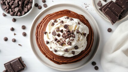 Top view chocolate pancakes with whipped cream and chocolate chips on white background