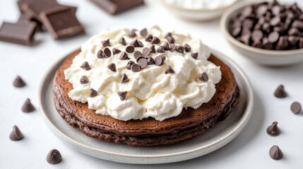 Top view chocolate pancakes with whipped cream and chocolate chips on white background